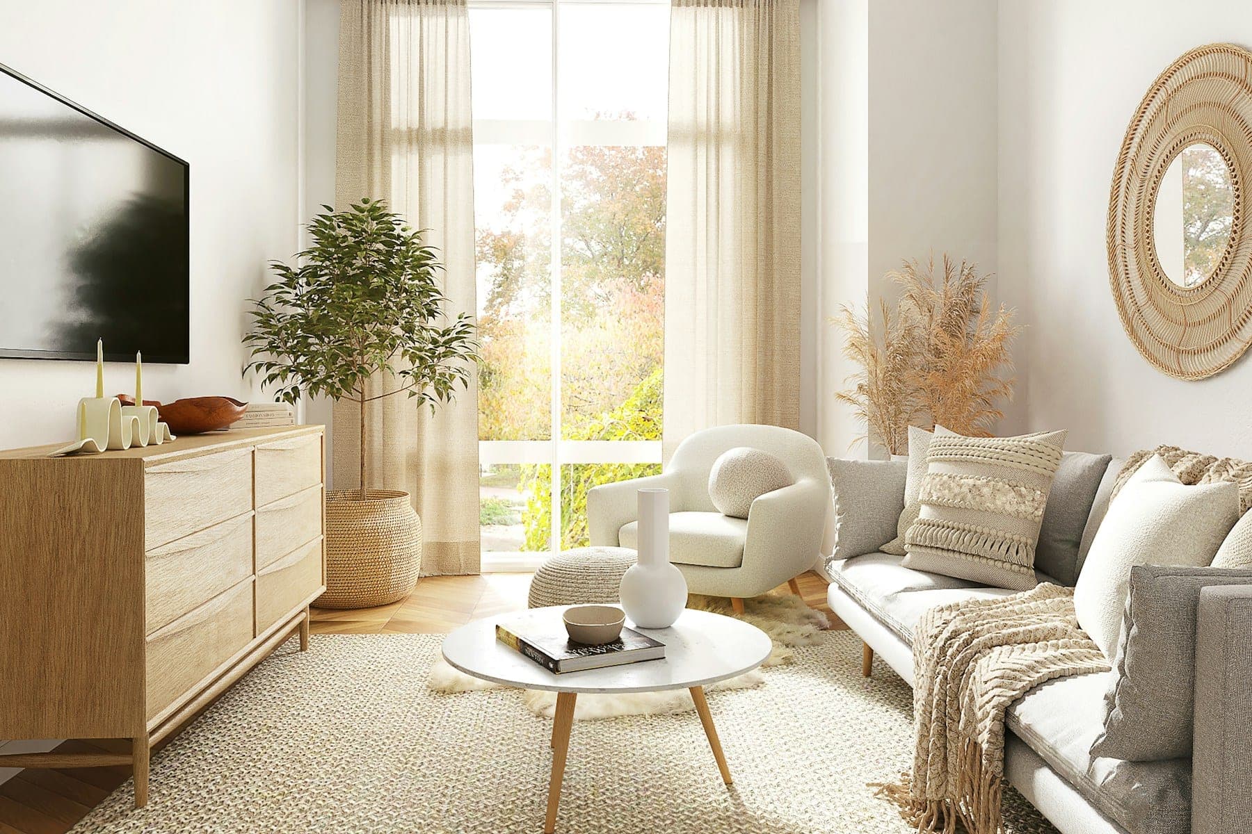 Bright living room with linen curtains, soft seating and natural textures
